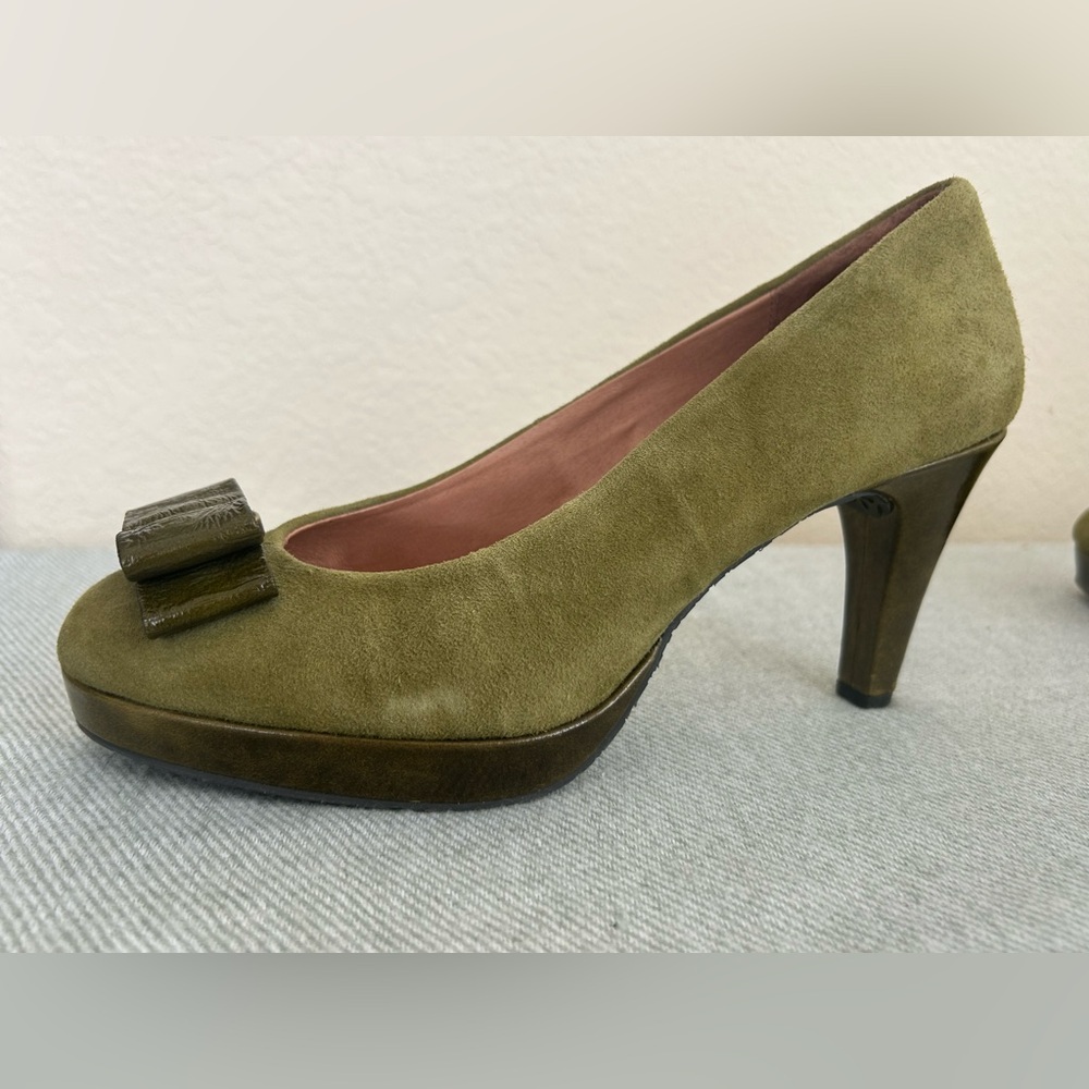 Miss Albright Anthropologie Green Suede Leather Bow Platform Heels Shoes Sz 10 - Picture 3 of 8